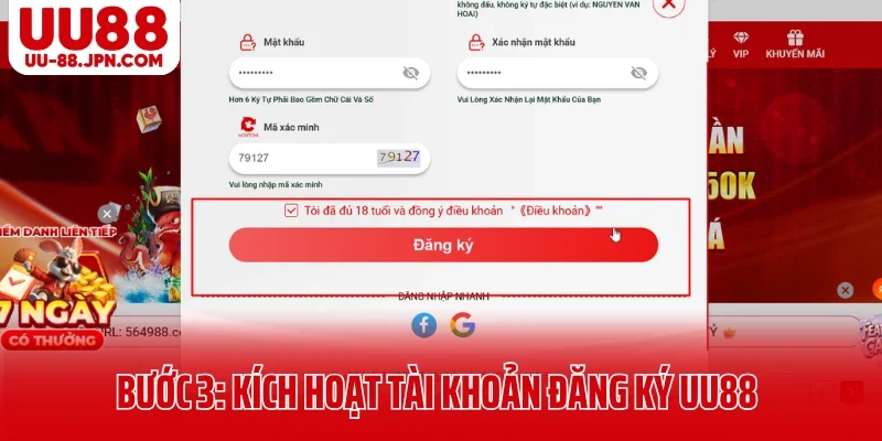 Bước 3: Kích hoạt tài khoản đăng ký UU88 Bước 3: Kích hoạt tài khoản đăng ký UU88